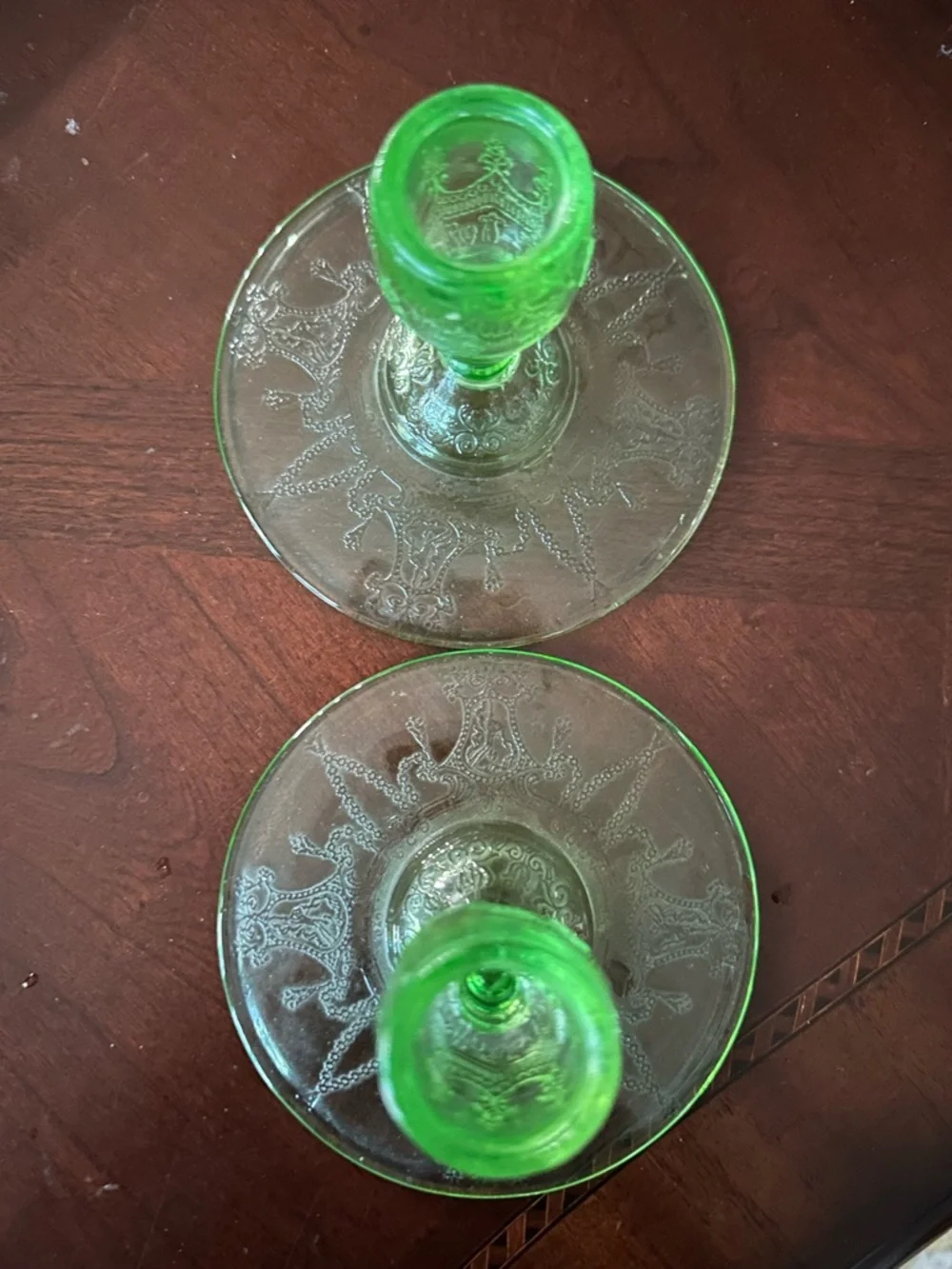 HOCKING GLASS CO. CAMEO or BALLERINA GREEN RARE PAIR 3